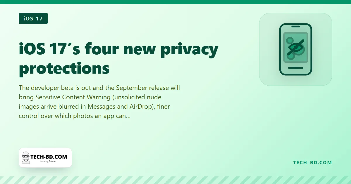 Four privacy features coming in iOS 17: blurred nudes on arrival, photo access one picture at a time, locked private tabs, and a Safari that hides your phone from trackers