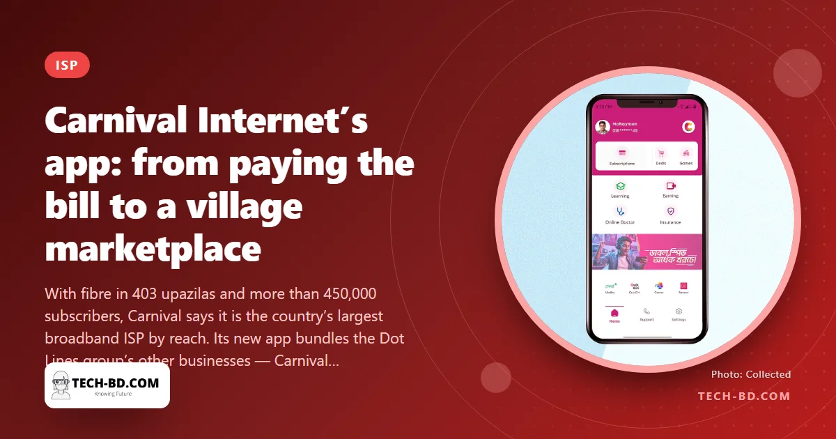Carnival Internet, the ISP in 403 upazilas, is turning its bill-pay app into a marketplace — telemedicine, micro-insurance, courses and reselling from mid-September