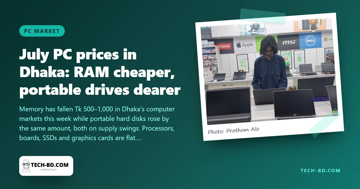 Dhaka PC prices, July: RAM down Tk 500–1,000, portable hard drives up — a mid-year reality check