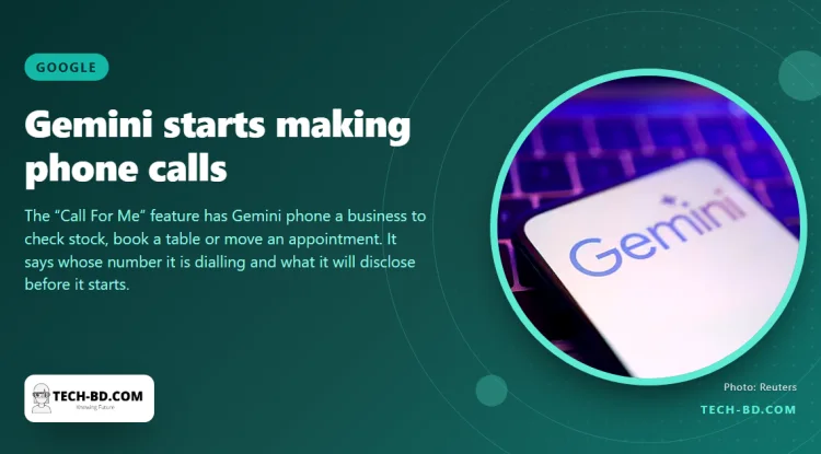Gemini will ring the shop for you — from your own number, on your own network, with a live transcript on screen