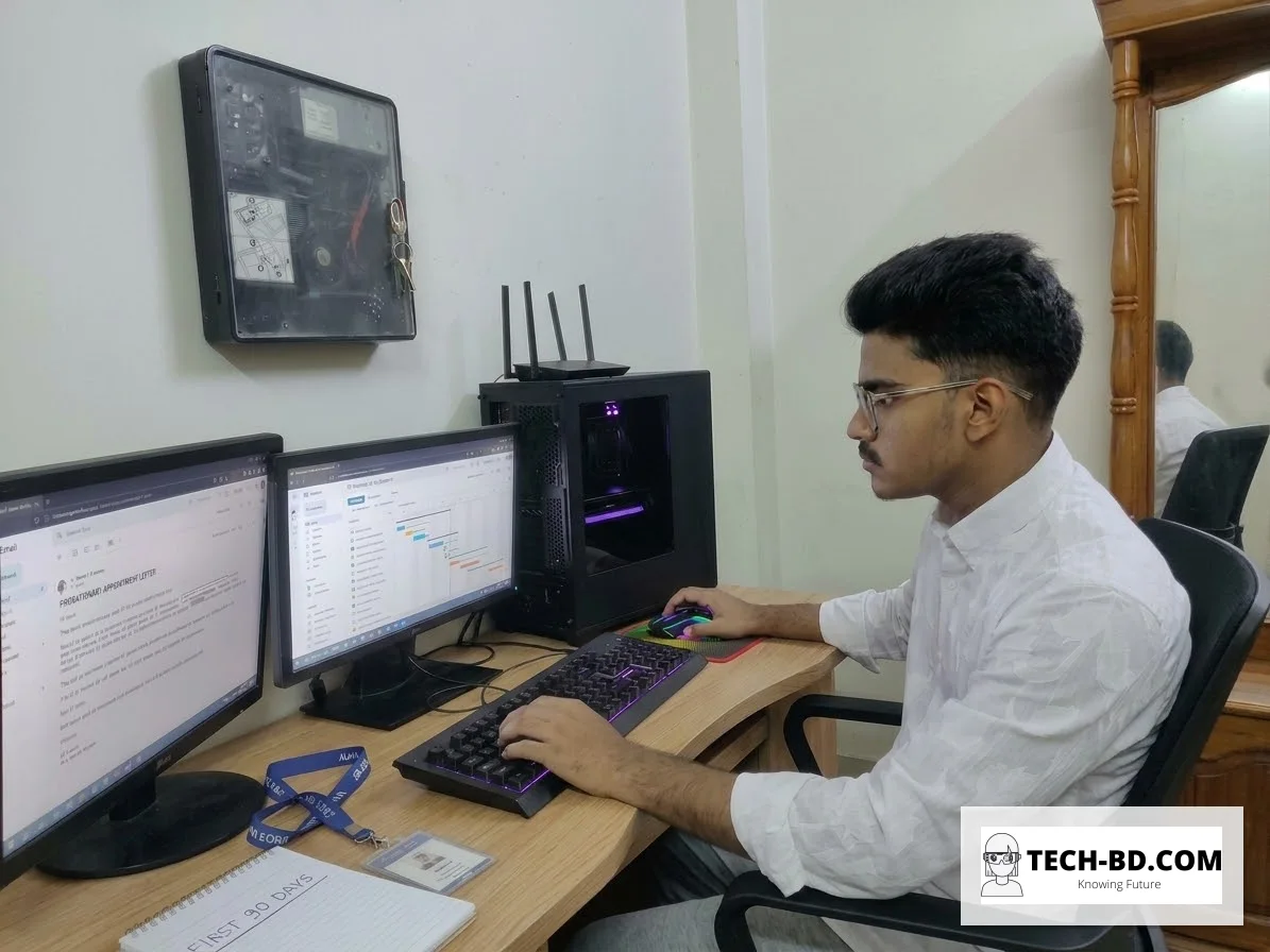 Nurnabi Islam working at a two-monitor desktop computer at his desk