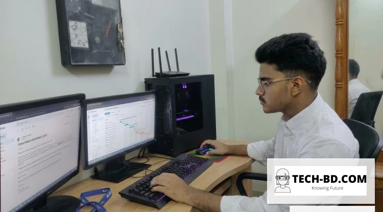 নিজের ডেস্কে দুটি মনিটরের কম্পিউটারে কাজ করছেন নুরনবী ইসলাম